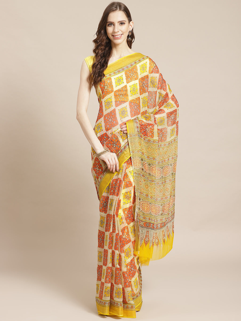 Yellow and Orange, Kalakari India Chiffon Handblock Printed Saree and Blouse RCBGSA0004-Saree-Kalakari India-RCBGSA0004-Chiffon, Geographical Indication, Hand Block, Hand Crafted, Heritage Prints, Natural Dyes, Red, Sarees, Sustainable Fabrics, Woven, Yellow-[Linen,Ethnic,wear,Fashionista,Handloom,Handicraft,Indigo,blockprint,block,print,Cotton,Chanderi,Blue, latest,classy,party,bollywood,trendy,summer,style,traditional,formal,elegant,unique,style,hand,block,print, dabu,booti,gift,present,glamor