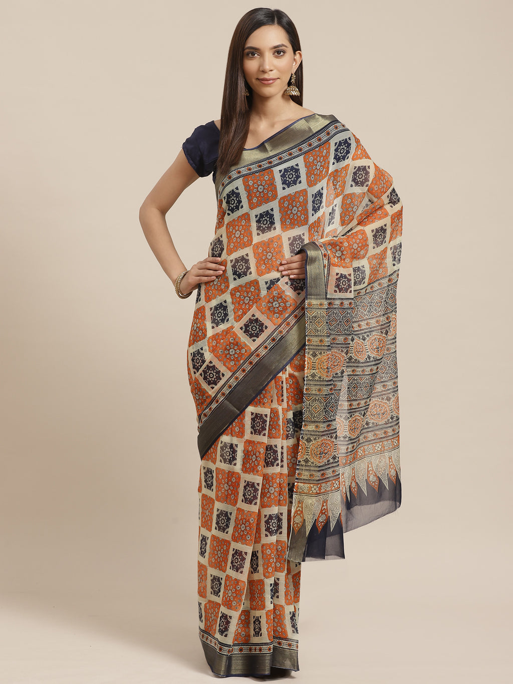 Orange and Black, Kalakari India Chiffon Handblock Printed Saree and Blouse RCBGSA0005-Saree-Kalakari India-RCBGSA0005-Chiffon, Geographical Indication, Hand Block, Hand Crafted, Heritage Prints, Natural Dyes, Red, Sarees, Sustainable Fabrics, Woven, Yellow-[Linen,Ethnic,wear,Fashionista,Handloom,Handicraft,Indigo,blockprint,block,print,Cotton,Chanderi,Blue, latest,classy,party,bollywood,trendy,summer,style,traditional,formal,elegant,unique,style,hand,block,print, dabu,booti,gift,present,glamoro