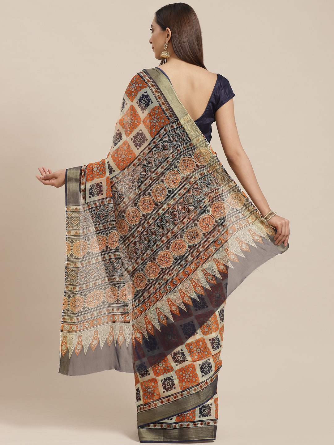 Orange and Black, Kalakari India Chiffon Handblock Printed Saree and Blouse RCBGSA0005-Saree-Kalakari India-RCBGSA0005-Chiffon, Geographical Indication, Hand Block, Hand Crafted, Heritage Prints, Natural Dyes, Red, Sarees, Sustainable Fabrics, Woven, Yellow-[Linen,Ethnic,wear,Fashionista,Handloom,Handicraft,Indigo,blockprint,block,print,Cotton,Chanderi,Blue, latest,classy,party,bollywood,trendy,summer,style,traditional,formal,elegant,unique,style,hand,block,print, dabu,booti,gift,present,glamoro