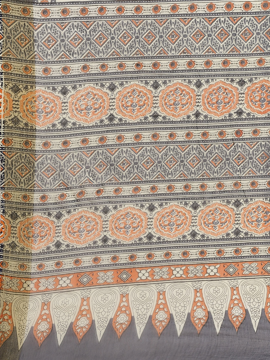 Orange and Black, Kalakari India Chiffon Handblock Printed Saree and Blouse RCBGSA0005-Saree-Kalakari India-RCBGSA0005-Chiffon, Geographical Indication, Hand Block, Hand Crafted, Heritage Prints, Natural Dyes, Red, Sarees, Sustainable Fabrics, Woven, Yellow-[Linen,Ethnic,wear,Fashionista,Handloom,Handicraft,Indigo,blockprint,block,print,Cotton,Chanderi,Blue, latest,classy,party,bollywood,trendy,summer,style,traditional,formal,elegant,unique,style,hand,block,print, dabu,booti,gift,present,glamoro