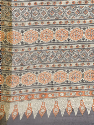 Orange and Black, Kalakari India Chiffon Handblock Printed Saree and Blouse RCBGSA0005-Saree-Kalakari India-RCBGSA0005-Chiffon, Geographical Indication, Hand Block, Hand Crafted, Heritage Prints, Natural Dyes, Red, Sarees, Sustainable Fabrics, Woven, Yellow-[Linen,Ethnic,wear,Fashionista,Handloom,Handicraft,Indigo,blockprint,block,print,Cotton,Chanderi,Blue, latest,classy,party,bollywood,trendy,summer,style,traditional,formal,elegant,unique,style,hand,block,print, dabu,booti,gift,present,glamoro