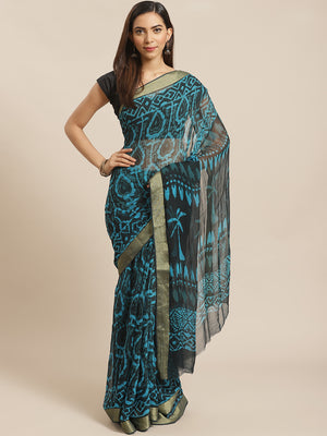 Blue and Black, Kalakari India Chiffon Handblock Printed Saree and Blouse RCBGSA0007-Saree-Kalakari India-RCBGSA0007-Chiffon, Geographical Indication, Hand Block, Hand Crafted, Heritage Prints, Natural Dyes, Red, Sarees, Sustainable Fabrics, Woven, Yellow-[Linen,Ethnic,wear,Fashionista,Handloom,Handicraft,Indigo,blockprint,block,print,Cotton,Chanderi,Blue, latest,classy,party,bollywood,trendy,summer,style,traditional,formal,elegant,unique,style,hand,block,print, dabu,booti,gift,present,glamorous