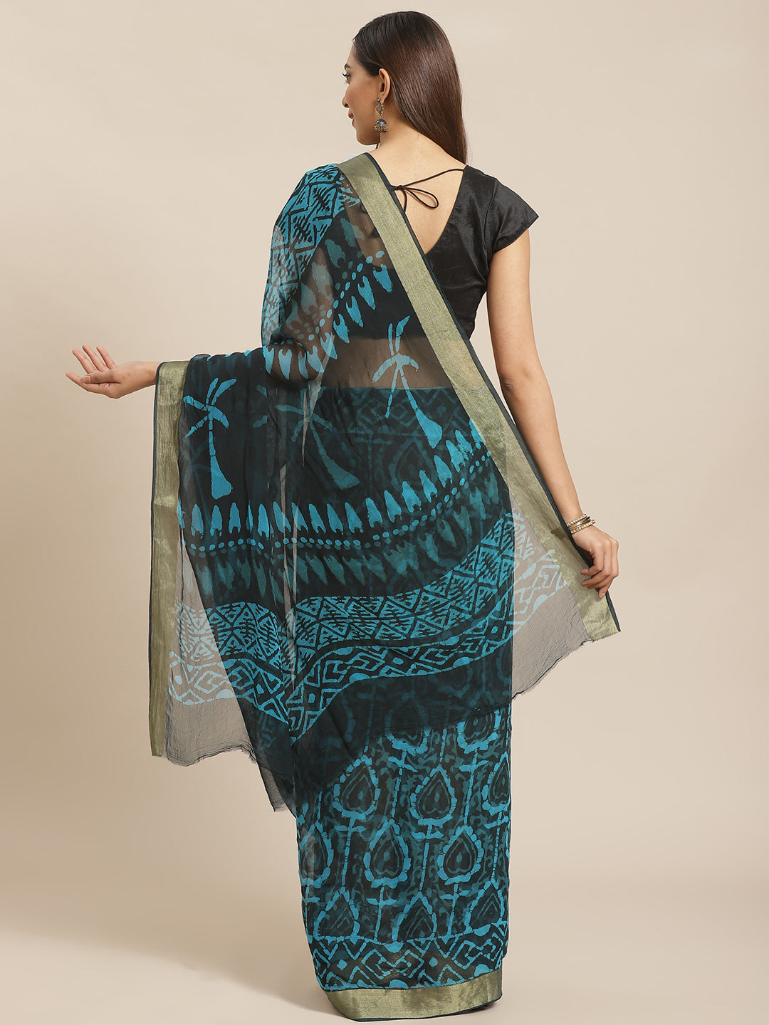 Blue and Black, Kalakari India Chiffon Handblock Printed Saree and Blouse RCBGSA0007-Saree-Kalakari India-RCBGSA0007-Chiffon, Geographical Indication, Hand Block, Hand Crafted, Heritage Prints, Natural Dyes, Red, Sarees, Sustainable Fabrics, Woven, Yellow-[Linen,Ethnic,wear,Fashionista,Handloom,Handicraft,Indigo,blockprint,block,print,Cotton,Chanderi,Blue, latest,classy,party,bollywood,trendy,summer,style,traditional,formal,elegant,unique,style,hand,block,print, dabu,booti,gift,present,glamorous