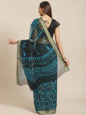 Blue and Black, Kalakari India Chiffon Handblock Printed Saree and Blouse RCBGSA0007-Saree-Kalakari India-RCBGSA0007-Chiffon, Geographical Indication, Hand Block, Hand Crafted, Heritage Prints, Natural Dyes, Red, Sarees, Sustainable Fabrics, Woven, Yellow-[Linen,Ethnic,wear,Fashionista,Handloom,Handicraft,Indigo,blockprint,block,print,Cotton,Chanderi,Blue, latest,classy,party,bollywood,trendy,summer,style,traditional,formal,elegant,unique,style,hand,block,print, dabu,booti,gift,present,glamorous
