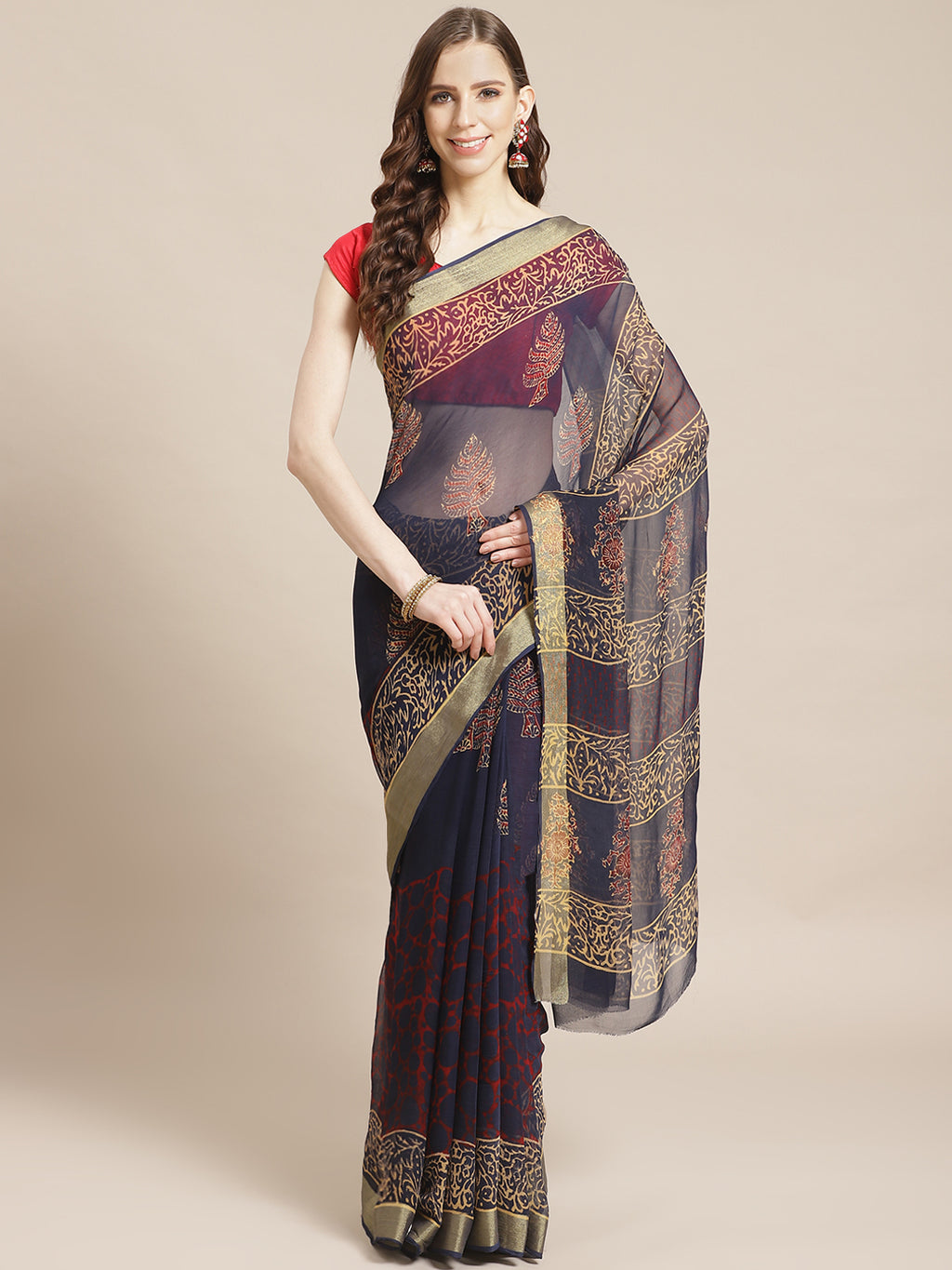 Navy Blue and Red, Kalakari India Chiffon Handblock Printed Saree and Blouse RCBGSA0008-Saree-Kalakari India-RCBGSA0008-Chiffon, Geographical Indication, Hand Block, Hand Crafted, Heritage Prints, Natural Dyes, Red, Sarees, Sustainable Fabrics, Woven, Yellow-[Linen,Ethnic,wear,Fashionista,Handloom,Handicraft,Indigo,blockprint,block,print,Cotton,Chanderi,Blue, latest,classy,party,bollywood,trendy,summer,style,traditional,formal,elegant,unique,style,hand,block,print, dabu,booti,gift,present,glamor