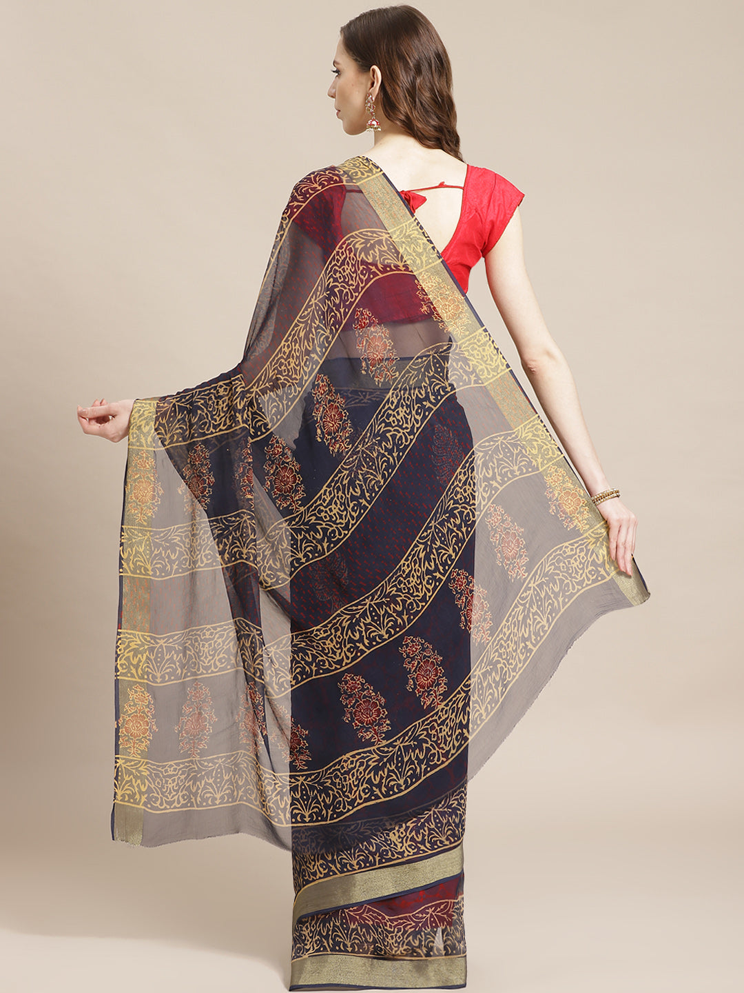 Navy Blue and Red, Kalakari India Chiffon Handblock Printed Saree and Blouse RCBGSA0008-Saree-Kalakari India-RCBGSA0008-Chiffon, Geographical Indication, Hand Block, Hand Crafted, Heritage Prints, Natural Dyes, Red, Sarees, Sustainable Fabrics, Woven, Yellow-[Linen,Ethnic,wear,Fashionista,Handloom,Handicraft,Indigo,blockprint,block,print,Cotton,Chanderi,Blue, latest,classy,party,bollywood,trendy,summer,style,traditional,formal,elegant,unique,style,hand,block,print, dabu,booti,gift,present,glamor