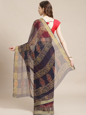 Navy Blue and Red, Kalakari India Chiffon Handblock Printed Saree and Blouse RCBGSA0008-Saree-Kalakari India-RCBGSA0008-Chiffon, Geographical Indication, Hand Block, Hand Crafted, Heritage Prints, Natural Dyes, Red, Sarees, Sustainable Fabrics, Woven, Yellow-[Linen,Ethnic,wear,Fashionista,Handloom,Handicraft,Indigo,blockprint,block,print,Cotton,Chanderi,Blue, latest,classy,party,bollywood,trendy,summer,style,traditional,formal,elegant,unique,style,hand,block,print, dabu,booti,gift,present,glamor