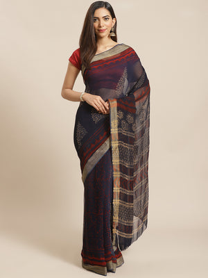 Navy Blue and Cream, Kalakari India Chiffon Handblock Printed Saree and Blouse RCBGSA0009-Saree-Kalakari India-RCBGSA0009-Chiffon, Geographical Indication, Hand Block, Hand Crafted, Heritage Prints, Natural Dyes, Red, Sarees, Sustainable Fabrics, Woven, Yellow-[Linen,Ethnic,wear,Fashionista,Handloom,Handicraft,Indigo,blockprint,block,print,Cotton,Chanderi,Blue, latest,classy,party,bollywood,trendy,summer,style,traditional,formal,elegant,unique,style,hand,block,print, dabu,booti,gift,present,glam