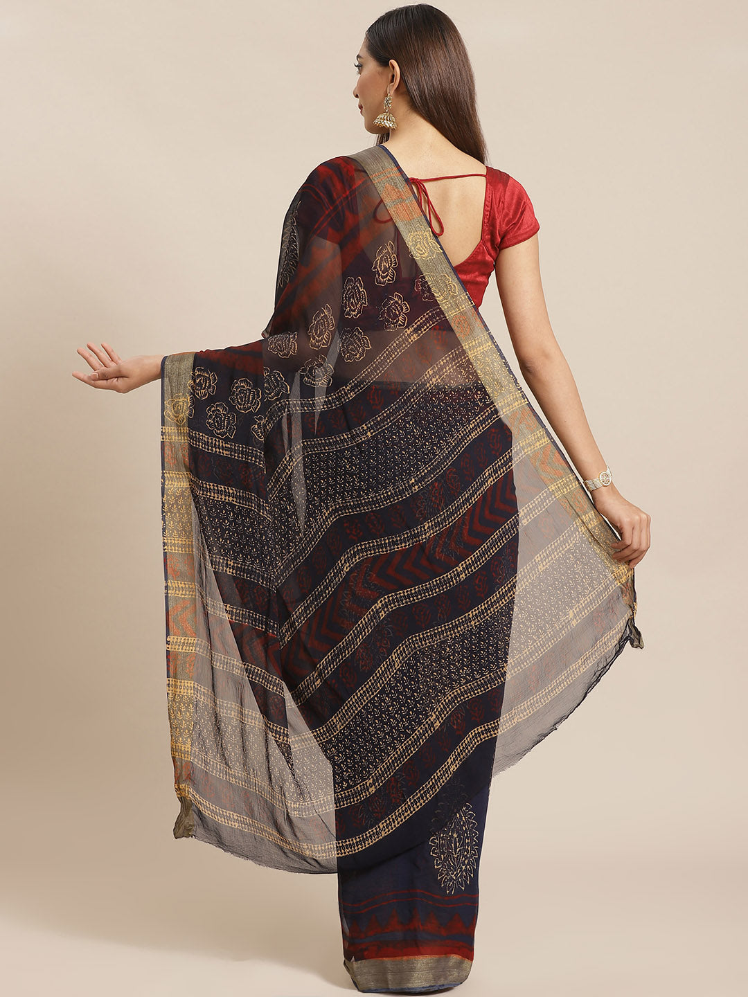Navy Blue and Cream, Kalakari India Chiffon Handblock Printed Saree and Blouse RCBGSA0009-Saree-Kalakari India-RCBGSA0009-Chiffon, Geographical Indication, Hand Block, Hand Crafted, Heritage Prints, Natural Dyes, Red, Sarees, Sustainable Fabrics, Woven, Yellow-[Linen,Ethnic,wear,Fashionista,Handloom,Handicraft,Indigo,blockprint,block,print,Cotton,Chanderi,Blue, latest,classy,party,bollywood,trendy,summer,style,traditional,formal,elegant,unique,style,hand,block,print, dabu,booti,gift,present,glam