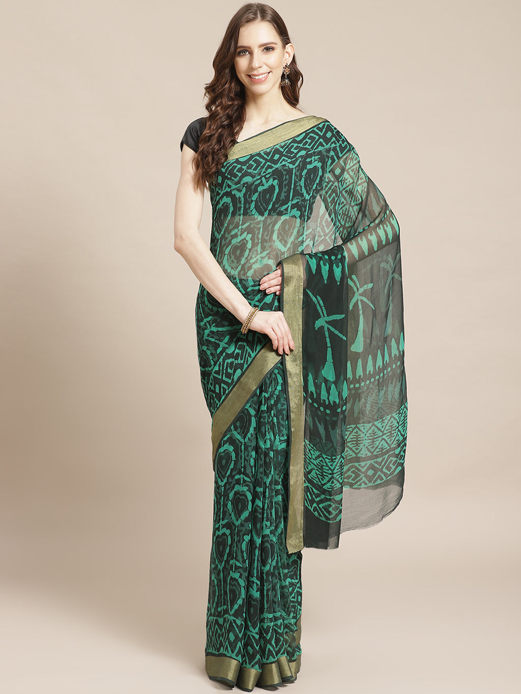 Green and Black, Kalakari India Chiffon Handblock Printed Saree and Blouse RCBGSA0010-Saree-Kalakari India-RCBGSA0010-Chiffon, Geographical Indication, Hand Block, Hand Crafted, Heritage Prints, Natural Dyes, Red, Sarees, Sustainable Fabrics, Woven, Yellow-[Linen,Ethnic,wear,Fashionista,Handloom,Handicraft,Indigo,blockprint,block,print,Cotton,Chanderi,Blue, latest,classy,party,bollywood,trendy,summer,style,traditional,formal,elegant,unique,style,hand,block,print, dabu,booti,gift,present,glamorou