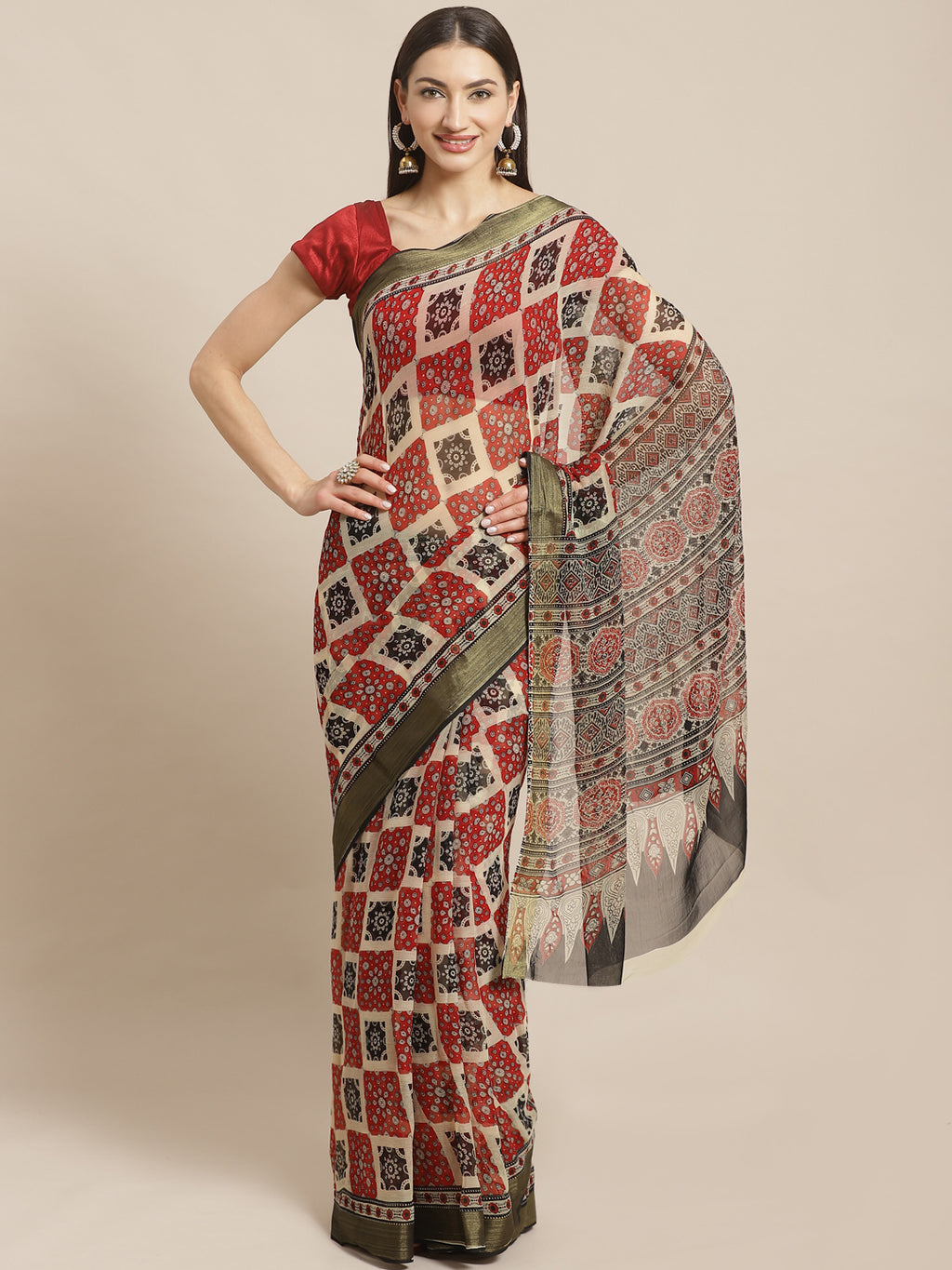Red and Black, Kalakari India Chiffon Handblock Printed Saree and Blouse RCBGSA0012-Saree-Kalakari India-RCBGSA0012-Chiffon, Geographical Indication, Hand Block, Hand Crafted, Heritage Prints, Natural Dyes, Red, Sarees, Sustainable Fabrics, Woven, Yellow-[Linen,Ethnic,wear,Fashionista,Handloom,Handicraft,Indigo,blockprint,block,print,Cotton,Chanderi,Blue, latest,classy,party,bollywood,trendy,summer,style,traditional,formal,elegant,unique,style,hand,block,print, dabu,booti,gift,present,glamorous,