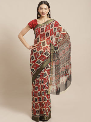 Red and Black, Kalakari India Chiffon Handblock Printed Saree and Blouse RCBGSA0012-Saree-Kalakari India-RCBGSA0012-Chiffon, Geographical Indication, Hand Block, Hand Crafted, Heritage Prints, Natural Dyes, Red, Sarees, Sustainable Fabrics, Woven, Yellow-[Linen,Ethnic,wear,Fashionista,Handloom,Handicraft,Indigo,blockprint,block,print,Cotton,Chanderi,Blue, latest,classy,party,bollywood,trendy,summer,style,traditional,formal,elegant,unique,style,hand,block,print, dabu,booti,gift,present,glamorous,