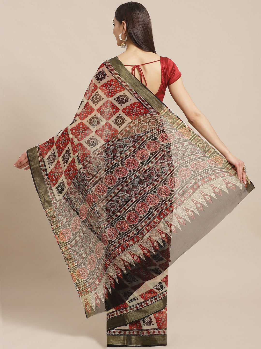 Red and Black, Kalakari India Chiffon Handblock Printed Saree and Blouse RCBGSA0012-Saree-Kalakari India-RCBGSA0012-Chiffon, Geographical Indication, Hand Block, Hand Crafted, Heritage Prints, Natural Dyes, Red, Sarees, Sustainable Fabrics, Woven, Yellow-[Linen,Ethnic,wear,Fashionista,Handloom,Handicraft,Indigo,blockprint,block,print,Cotton,Chanderi,Blue, latest,classy,party,bollywood,trendy,summer,style,traditional,formal,elegant,unique,style,hand,block,print, dabu,booti,gift,present,glamorous,