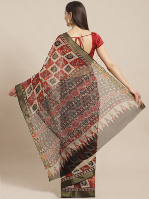 Red and Black, Kalakari India Chiffon Handblock Printed Saree and Blouse RCBGSA0012-Saree-Kalakari India-RCBGSA0012-Chiffon, Geographical Indication, Hand Block, Hand Crafted, Heritage Prints, Natural Dyes, Red, Sarees, Sustainable Fabrics, Woven, Yellow-[Linen,Ethnic,wear,Fashionista,Handloom,Handicraft,Indigo,blockprint,block,print,Cotton,Chanderi,Blue, latest,classy,party,bollywood,trendy,summer,style,traditional,formal,elegant,unique,style,hand,block,print, dabu,booti,gift,present,glamorous,