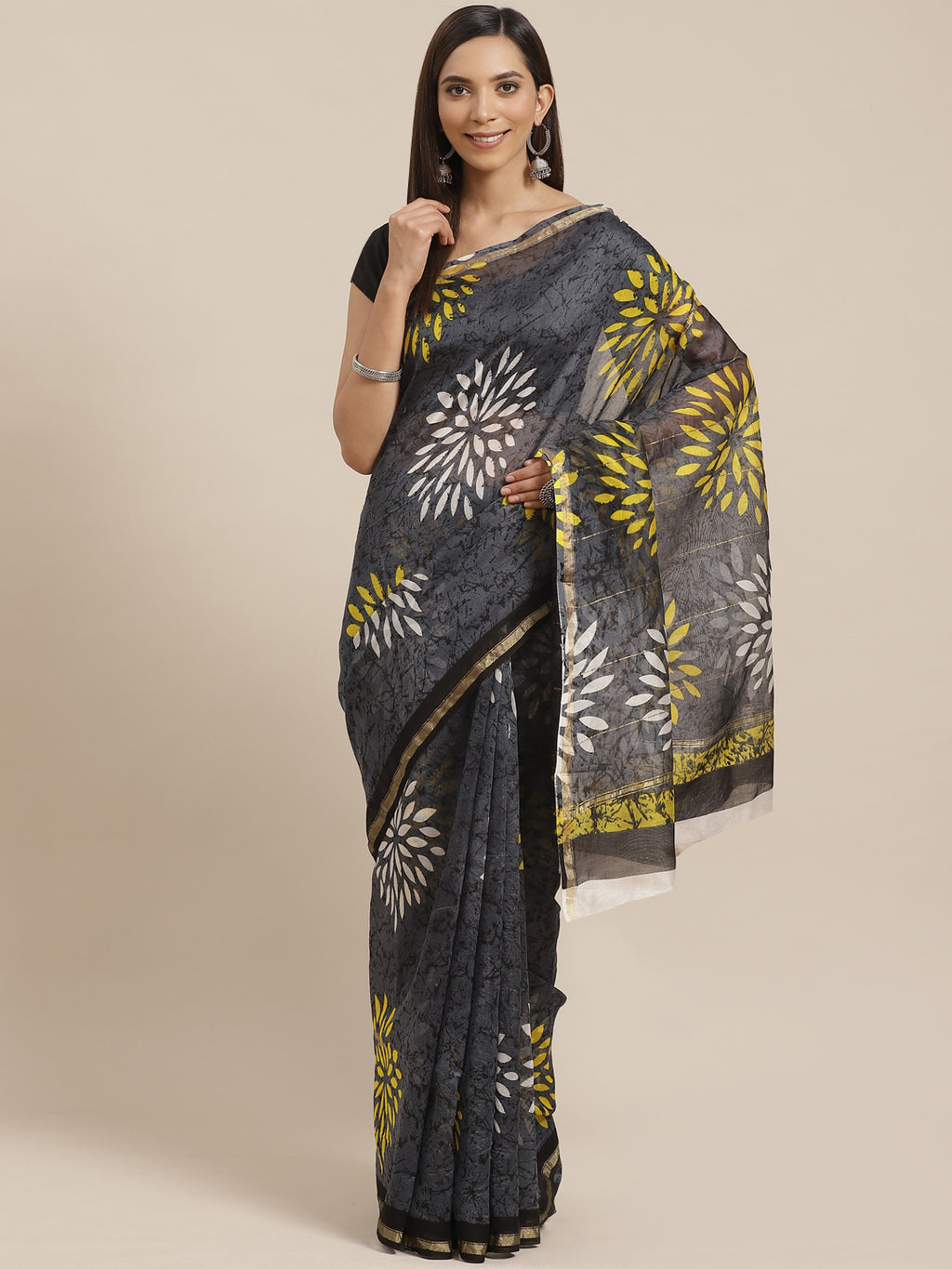 Grey and Yellow, Kalakari India Pure Cotton Handblock Printed Saree and Blouse RCBGSA0013-Saree-Kalakari India-RCBGSA0013-Cotton, Geographical Indication, Hand Block, Hand Crafted, Heritage Prints, Natural Dyes, Red, Sarees, Sustainable Fabrics, Woven, Yellow-[Linen,Ethnic,wear,Fashionista,Handloom,Handicraft,Indigo,blockprint,block,print,Cotton,Chanderi,Blue, latest,classy,party,bollywood,trendy,summer,style,traditional,formal,elegant,unique,style,hand,block,print, dabu,booti,gift,present,glamo