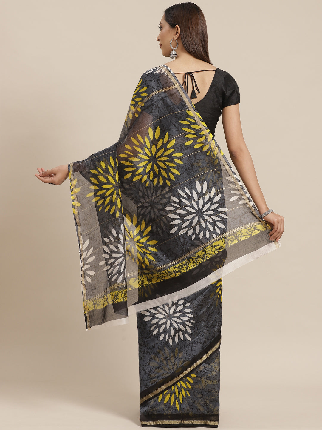 Grey and Yellow, Kalakari India Pure Cotton Handblock Printed Saree and Blouse RCBGSA0013-Saree-Kalakari India-RCBGSA0013-Cotton, Geographical Indication, Hand Block, Hand Crafted, Heritage Prints, Natural Dyes, Red, Sarees, Sustainable Fabrics, Woven, Yellow-[Linen,Ethnic,wear,Fashionista,Handloom,Handicraft,Indigo,blockprint,block,print,Cotton,Chanderi,Blue, latest,classy,party,bollywood,trendy,summer,style,traditional,formal,elegant,unique,style,hand,block,print, dabu,booti,gift,present,glamo