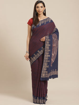 Red and Navy Blue, Kalakari India Chanderi Handblock Printed Saree and Blouse RCBGSA0015-Saree-Kalakari India-RCBGSA0015-Cotton, Geographical Indication, Hand Block, Hand Crafted, Heritage Prints, Natural Dyes, Red, Sarees, Sustainable Fabrics, Woven, Yellow-[Linen,Ethnic,wear,Fashionista,Handloom,Handicraft,Indigo,blockprint,block,print,Cotton,Chanderi,Blue, latest,classy,party,bollywood,trendy,summer,style,traditional,formal,elegant,unique,style,hand,block,print, dabu,booti,gift,present,glamor