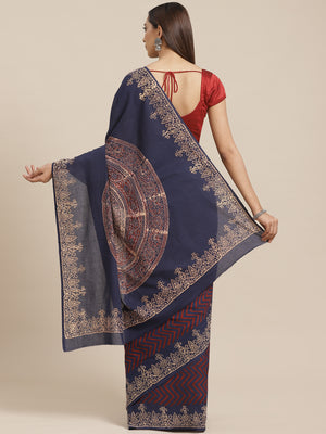 Red and Navy Blue, Kalakari India Chanderi Handblock Printed Saree and Blouse RCBGSA0015-Saree-Kalakari India-RCBGSA0015-Cotton, Geographical Indication, Hand Block, Hand Crafted, Heritage Prints, Natural Dyes, Red, Sarees, Sustainable Fabrics, Woven, Yellow-[Linen,Ethnic,wear,Fashionista,Handloom,Handicraft,Indigo,blockprint,block,print,Cotton,Chanderi,Blue, latest,classy,party,bollywood,trendy,summer,style,traditional,formal,elegant,unique,style,hand,block,print, dabu,booti,gift,present,glamor