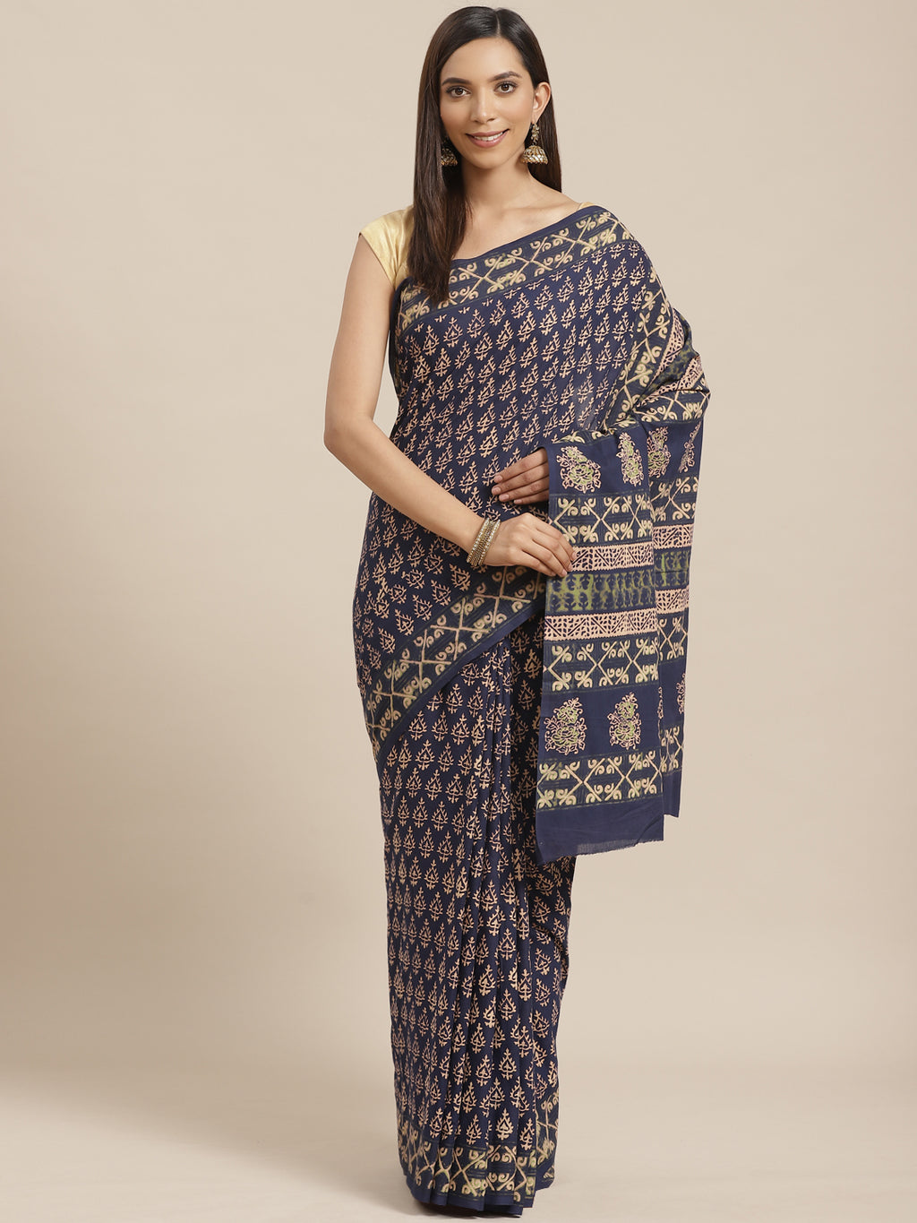 Blue and Green, Kalakari India Chanderi Handblock Printed Saree and Blouse RCBGSA0016-Saree-Kalakari India-RCBGSA0016-Cotton, Geographical Indication, Hand Block, Hand Crafted, Heritage Prints, Natural Dyes, Red, Sarees, Sustainable Fabrics, Woven, Yellow-[Linen,Ethnic,wear,Fashionista,Handloom,Handicraft,Indigo,blockprint,block,print,Cotton,Chanderi,Blue, latest,classy,party,bollywood,trendy,summer,style,traditional,formal,elegant,unique,style,hand,block,print, dabu,booti,gift,present,glamorous