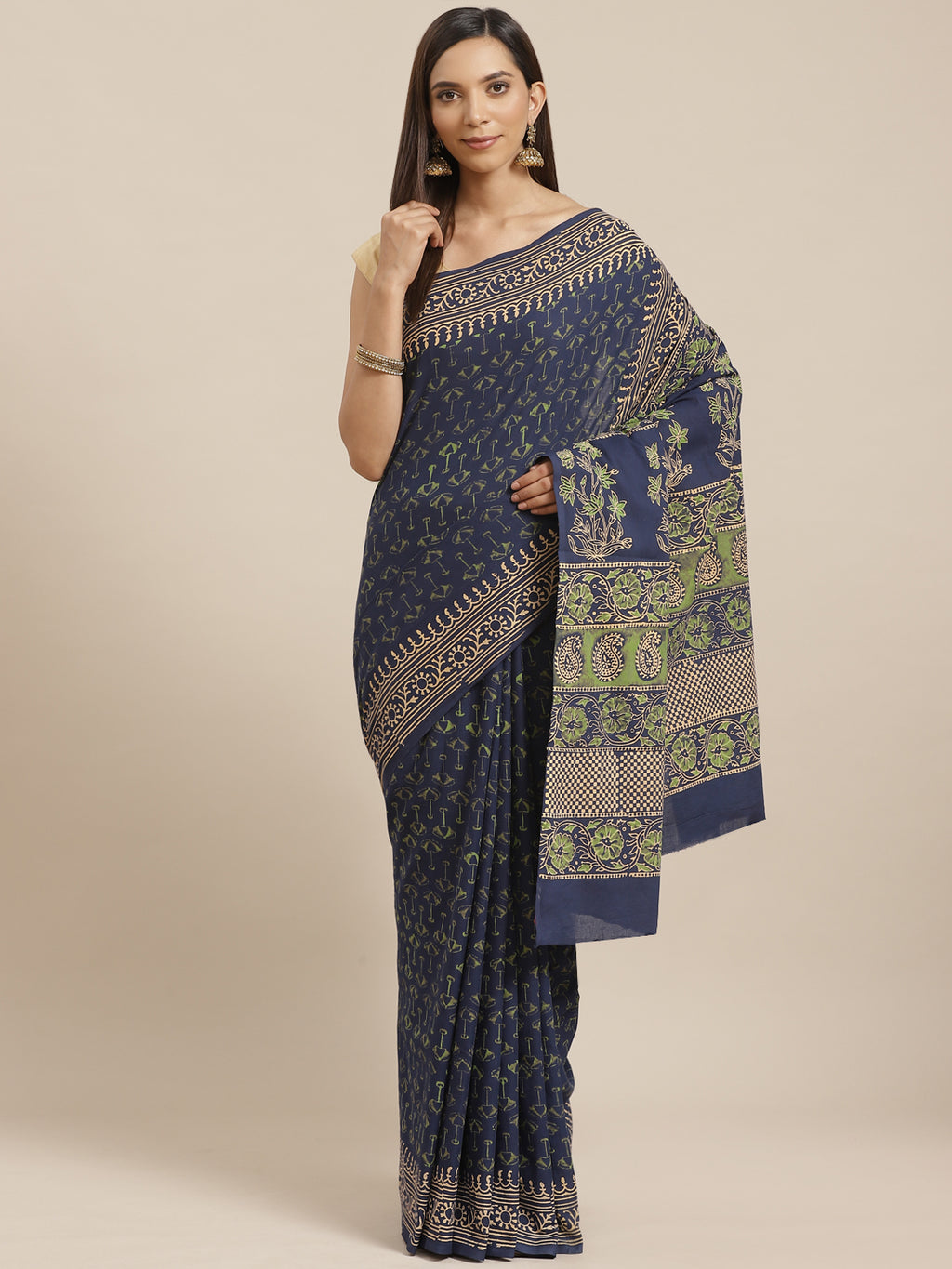 Blue and Green, Kalakari India Pure Cotton Handblock Printed Saree and Blouse RCBGSA0018-Saree-Kalakari India-RCBGSA0018-Cotton, Geographical Indication, Hand Block, Hand Crafted, Heritage Prints, Natural Dyes, Red, Sarees, Sustainable Fabrics, Woven, Yellow-[Linen,Ethnic,wear,Fashionista,Handloom,Handicraft,Indigo,blockprint,block,print,Cotton,Chanderi,Blue, latest,classy,party,bollywood,trendy,summer,style,traditional,formal,elegant,unique,style,hand,block,print, dabu,booti,gift,present,glamor