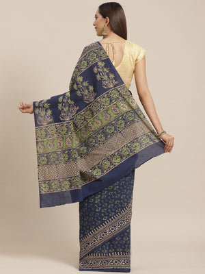 Blue and Green, Kalakari India Pure Cotton Handblock Printed Saree and Blouse RCBGSA0018-Saree-Kalakari India-RCBGSA0018-Cotton, Geographical Indication, Hand Block, Hand Crafted, Heritage Prints, Natural Dyes, Red, Sarees, Sustainable Fabrics, Woven, Yellow-[Linen,Ethnic,wear,Fashionista,Handloom,Handicraft,Indigo,blockprint,block,print,Cotton,Chanderi,Blue, latest,classy,party,bollywood,trendy,summer,style,traditional,formal,elegant,unique,style,hand,block,print, dabu,booti,gift,present,glamor