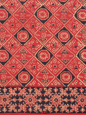 Red and Black, Kalakari India Pure Cotton Handblock Printed Saree and Blouse RCBGSA0020-Saree-Kalakari India-RCBGSA0020-Cotton, Geographical Indication, Hand Block, Hand Crafted, Heritage Prints, Natural Dyes, Red, Sarees, Sustainable Fabrics, Woven, Yellow-[Linen,Ethnic,wear,Fashionista,Handloom,Handicraft,Indigo,blockprint,block,print,Cotton,Chanderi,Blue, latest,classy,party,bollywood,trendy,summer,style,traditional,formal,elegant,unique,style,hand,block,print, dabu,booti,gift,present,glamoro