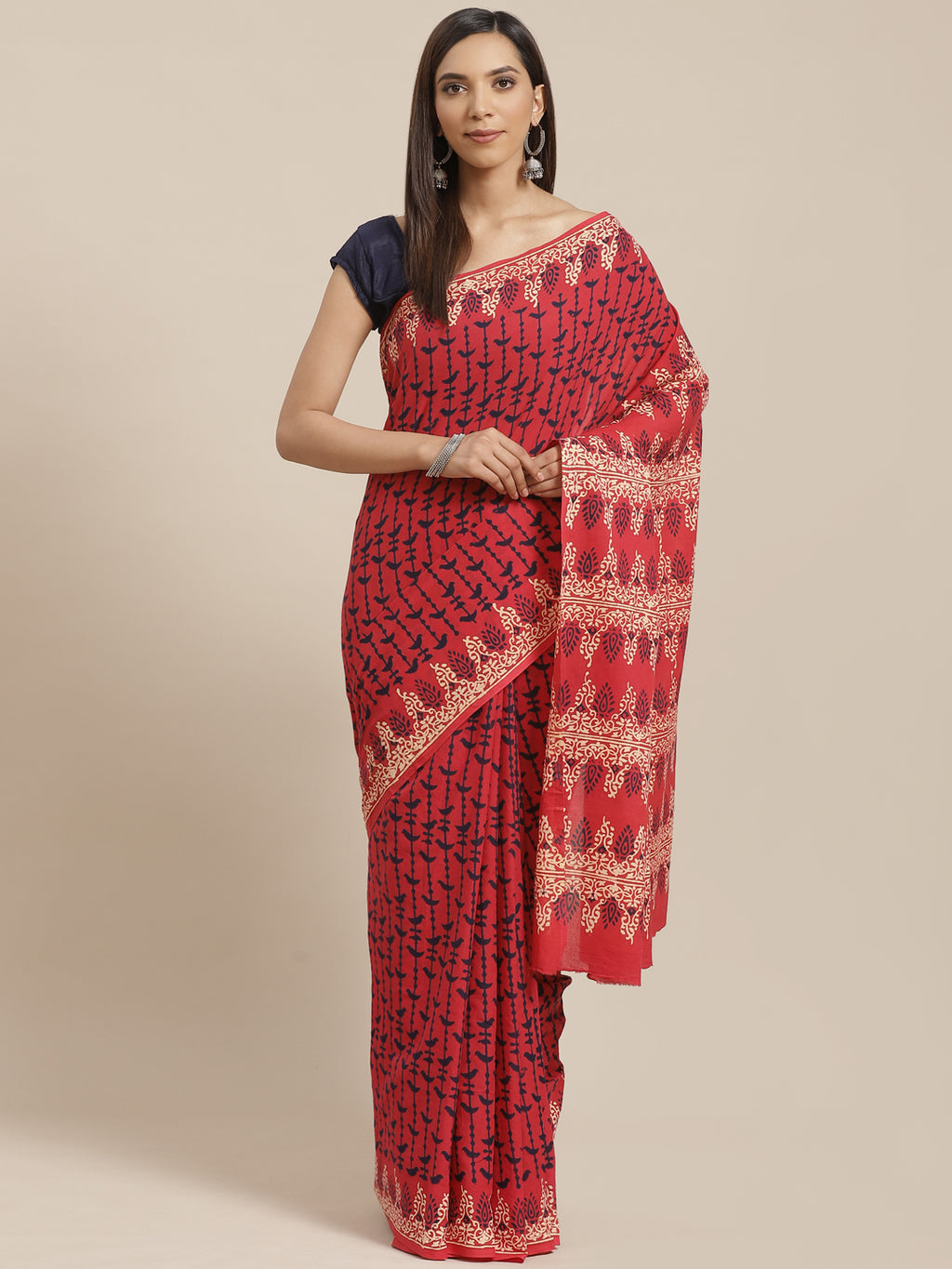 Red and Black, Kalakari India Pure Cotton Handblock Printed Saree and Blouse RCBGSA0021-Saree-Kalakari India-RCBGSA0021-Cotton, Geographical Indication, Hand Block, Hand Crafted, Heritage Prints, Natural Dyes, Red, Sarees, Sustainable Fabrics, Woven, Yellow-[Linen,Ethnic,wear,Fashionista,Handloom,Handicraft,Indigo,blockprint,block,print,Cotton,Chanderi,Blue, latest,classy,party,bollywood,trendy,summer,style,traditional,formal,elegant,unique,style,hand,block,print, dabu,booti,gift,present,glamoro