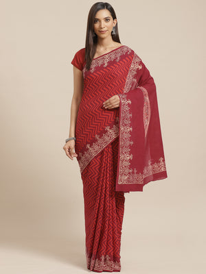 Red and Maroon, Kalakari India Pure Cotton Handblock Printed Saree and Blouse RCBGSA0022-Saree-Kalakari India-RCBGSA0022-Cotton, Geographical Indication, Hand Block, Hand Crafted, Heritage Prints, Natural Dyes, Red, Sarees, Sustainable Fabrics, Woven, Yellow-[Linen,Ethnic,wear,Fashionista,Handloom,Handicraft,Indigo,blockprint,block,print,Cotton,Chanderi,Blue, latest,classy,party,bollywood,trendy,summer,style,traditional,formal,elegant,unique,style,hand,block,print, dabu,booti,gift,present,glamor