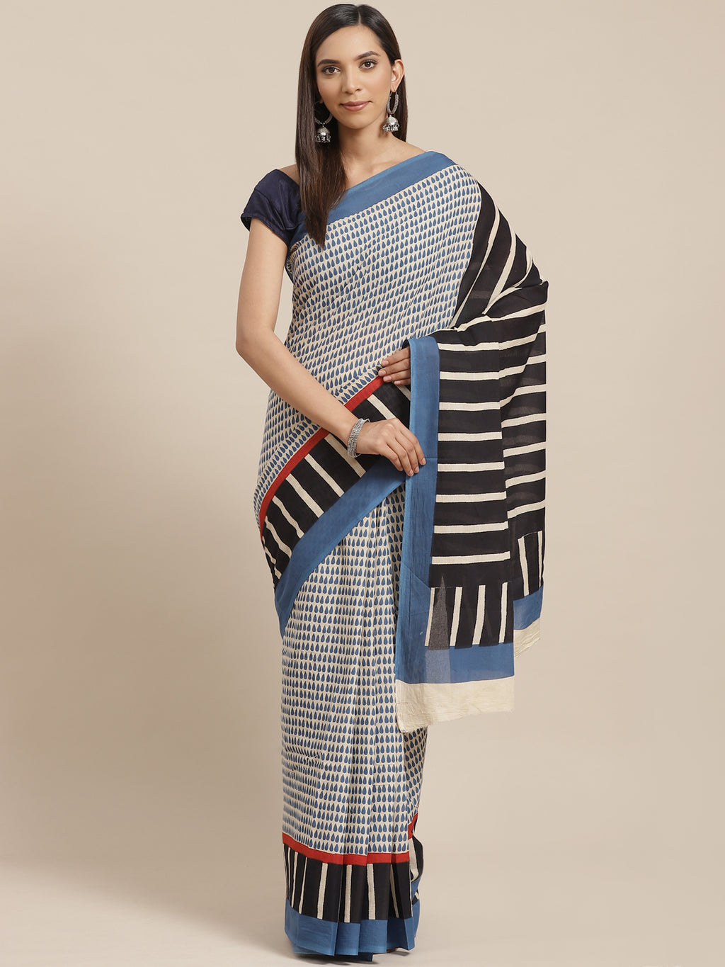 Blue and Black, Kalakari India Pure Cotton Handblock Printed Saree and Blouse RCBGSA0023-Saree-Kalakari India-RCBGSA0023-Cotton, Geographical Indication, Hand Block, Hand Crafted, Heritage Prints, Natural Dyes, Red, Sarees, Sustainable Fabrics, Woven, Yellow-[Linen,Ethnic,wear,Fashionista,Handloom,Handicraft,Indigo,blockprint,block,print,Cotton,Chanderi,Blue, latest,classy,party,bollywood,trendy,summer,style,traditional,formal,elegant,unique,style,hand,block,print, dabu,booti,gift,present,glamor