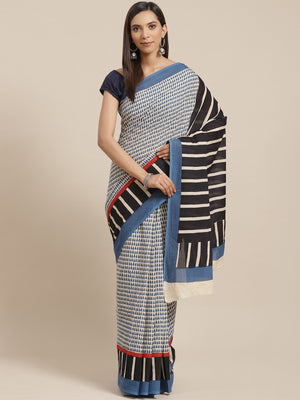 Blue and Black, Kalakari India Pure Cotton Handblock Printed Saree and Blouse RCBGSA0023-Saree-Kalakari India-RCBGSA0023-Cotton, Geographical Indication, Hand Block, Hand Crafted, Heritage Prints, Natural Dyes, Red, Sarees, Sustainable Fabrics, Woven, Yellow-[Linen,Ethnic,wear,Fashionista,Handloom,Handicraft,Indigo,blockprint,block,print,Cotton,Chanderi,Blue, latest,classy,party,bollywood,trendy,summer,style,traditional,formal,elegant,unique,style,hand,block,print, dabu,booti,gift,present,glamor