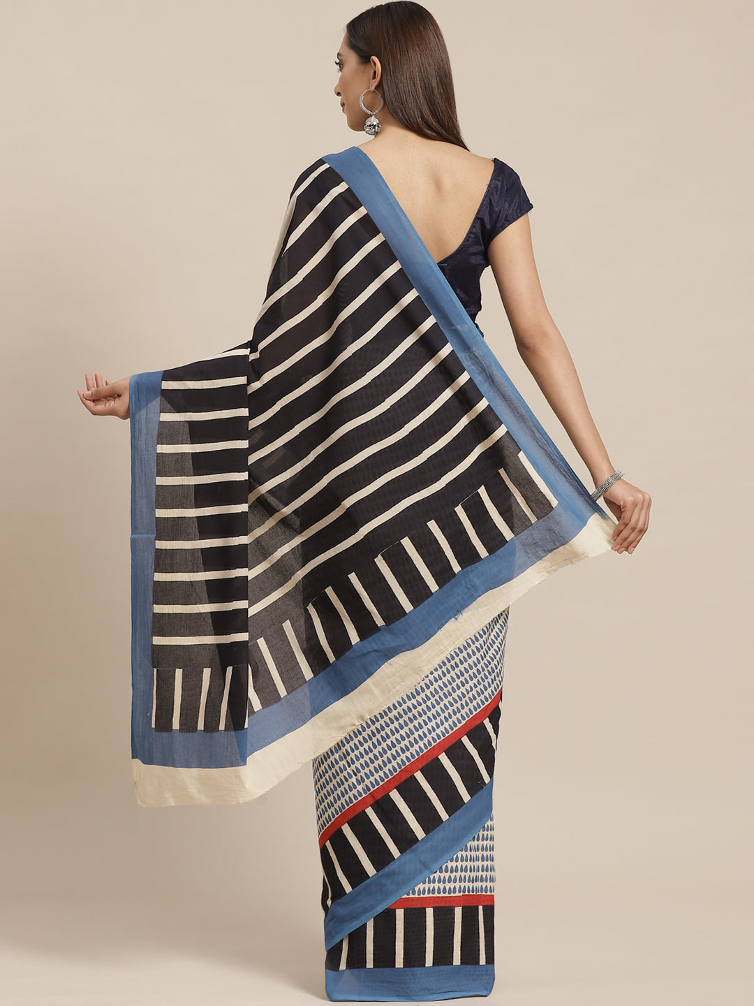 Blue and Black, Kalakari India Pure Cotton Handblock Printed Saree and Blouse RCBGSA0023-Saree-Kalakari India-RCBGSA0023-Cotton, Geographical Indication, Hand Block, Hand Crafted, Heritage Prints, Natural Dyes, Red, Sarees, Sustainable Fabrics, Woven, Yellow-[Linen,Ethnic,wear,Fashionista,Handloom,Handicraft,Indigo,blockprint,block,print,Cotton,Chanderi,Blue, latest,classy,party,bollywood,trendy,summer,style,traditional,formal,elegant,unique,style,hand,block,print, dabu,booti,gift,present,glamor