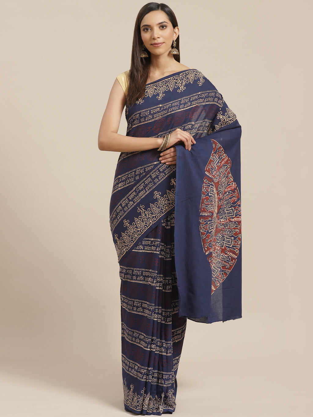 Blue and Red, Kalakari India Pure Cotton Handblock Printed Saree and Blouse RCBGSA0024-Saree-Kalakari India-RCBGSA0024-Cotton, Geographical Indication, Hand Block, Hand Crafted, Heritage Prints, Natural Dyes, Red, Sarees, Sustainable Fabrics, Woven, Yellow-[Linen,Ethnic,wear,Fashionista,Handloom,Handicraft,Indigo,blockprint,block,print,Cotton,Chanderi,Blue, latest,classy,party,bollywood,trendy,summer,style,traditional,formal,elegant,unique,style,hand,block,print, dabu,booti,gift,present,glamorou