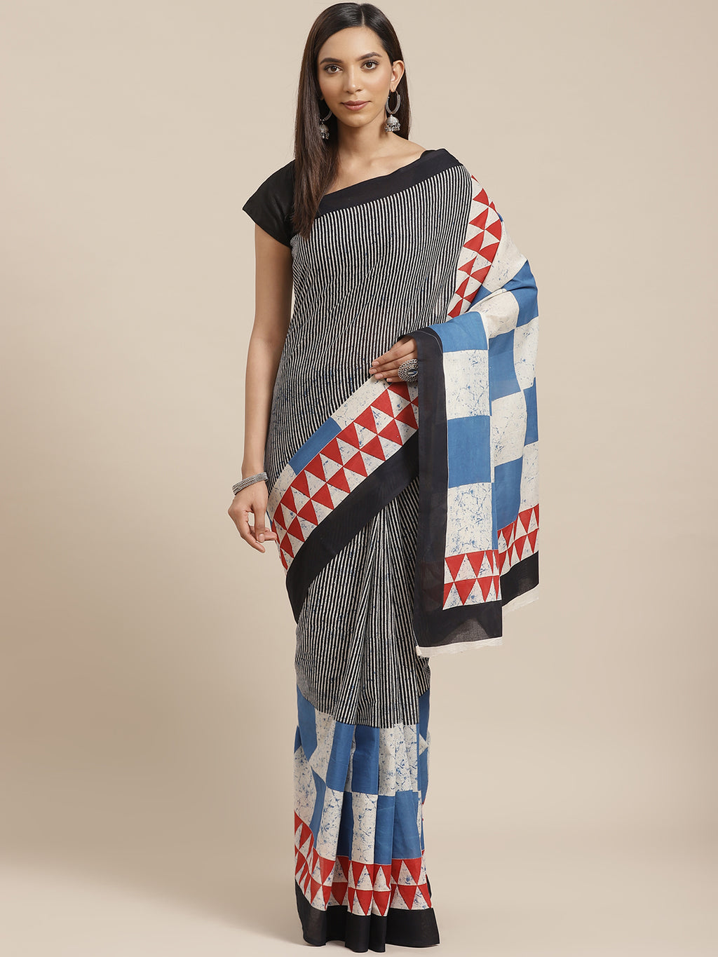 Blue and Red, Kalakari India Pure Cotton Handblock Printed Saree and Blouse RCBGSA0025-Saree-Kalakari India-RCBGSA0025-Cotton, Geographical Indication, Hand Block, Hand Crafted, Heritage Prints, Natural Dyes, Red, Sarees, Sustainable Fabrics, Woven, Yellow-[Linen,Ethnic,wear,Fashionista,Handloom,Handicraft,Indigo,blockprint,block,print,Cotton,Chanderi,Blue, latest,classy,party,bollywood,trendy,summer,style,traditional,formal,elegant,unique,style,hand,block,print, dabu,booti,gift,present,glamorou