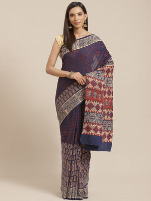 Blue and Red, Kalakari India Pure Cotton Handblock Printed Saree and Blouse RCBGSA0028-Saree-Kalakari India-RCBGSA0028-Cotton, Geographical Indication, Hand Block, Hand Crafted, Heritage Prints, Natural Dyes, Red, Sarees, Sustainable Fabrics, Woven, Yellow-[Linen,Ethnic,wear,Fashionista,Handloom,Handicraft,Indigo,blockprint,block,print,Cotton,Chanderi,Blue, latest,classy,party,bollywood,trendy,summer,style,traditional,formal,elegant,unique,style,hand,block,print, dabu,booti,gift,present,glamorou