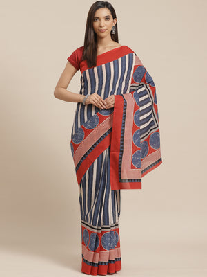 Blue and Cream, Kalakari India Pure Cotton Handblock Printed Saree and Blouse RCBGSA0029-Saree-Kalakari India-RCBGSA0029-Cotton, Geographical Indication, Hand Block, Hand Crafted, Heritage Prints, Natural Dyes, Red, Sarees, Sustainable Fabrics, Woven, Yellow-[Linen,Ethnic,wear,Fashionista,Handloom,Handicraft,Indigo,blockprint,block,print,Cotton,Chanderi,Blue, latest,classy,party,bollywood,trendy,summer,style,traditional,formal,elegant,unique,style,hand,block,print, dabu,booti,gift,present,glamor