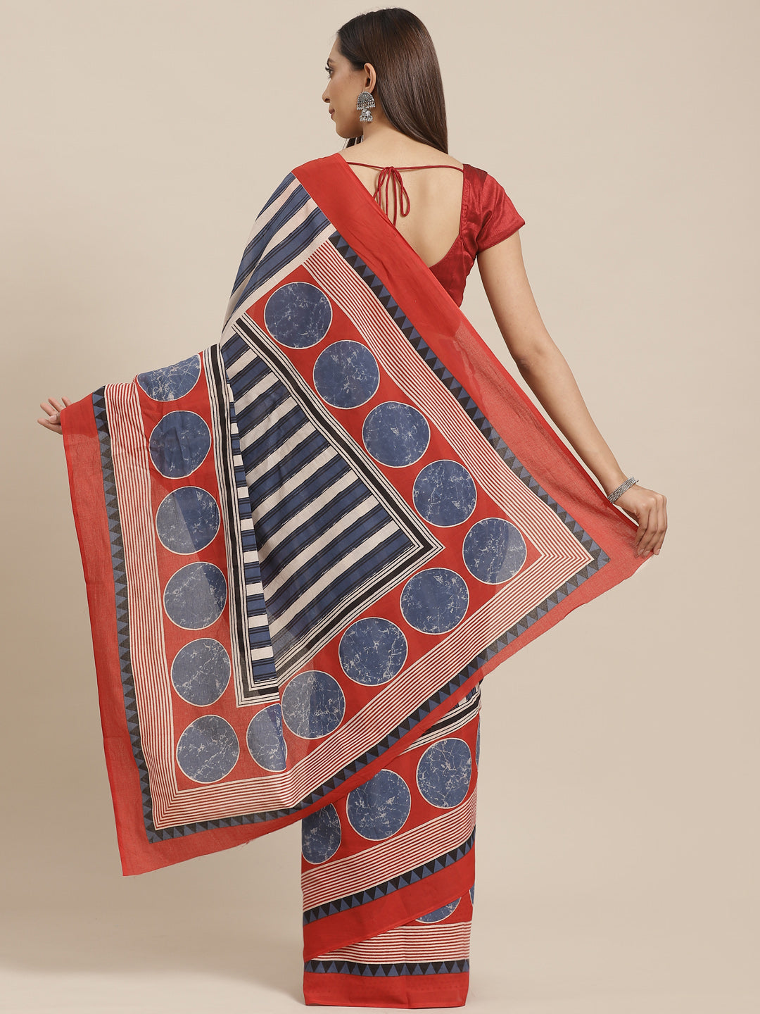 Blue and Cream, Kalakari India Pure Cotton Handblock Printed Saree and Blouse RCBGSA0029-Saree-Kalakari India-RCBGSA0029-Cotton, Geographical Indication, Hand Block, Hand Crafted, Heritage Prints, Natural Dyes, Red, Sarees, Sustainable Fabrics, Woven, Yellow-[Linen,Ethnic,wear,Fashionista,Handloom,Handicraft,Indigo,blockprint,block,print,Cotton,Chanderi,Blue, latest,classy,party,bollywood,trendy,summer,style,traditional,formal,elegant,unique,style,hand,block,print, dabu,booti,gift,present,glamor