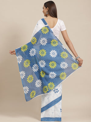 White and Blue, Kalakari India Pure Cotton Handblock Printed Saree and Blouse RCBGSA0030-Saree-Kalakari India-RCBGSA0030-Cotton, Geographical Indication, Hand Block, Hand Crafted, Heritage Prints, Natural Dyes, Red, Sarees, Sustainable Fabrics, Woven, Yellow-[Linen,Ethnic,wear,Fashionista,Handloom,Handicraft,Indigo,blockprint,block,print,Cotton,Chanderi,Blue, latest,classy,party,bollywood,trendy,summer,style,traditional,formal,elegant,unique,style,hand,block,print, dabu,booti,gift,present,glamor