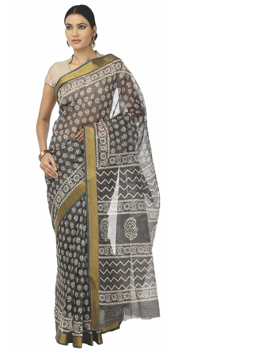 Charcoal Grey Sanganeri Hand Block Print Cotton Kota Doria Supernet Handcrafted Saree-Saree-Kalakari India-RDSNSA0001-Geographical Indication, Hand Blocks, Hand Crafted, Heritage Prints, Kota Doria, Sanganeri, Sarees, Sustainable Fabrics-[Linen,Ethnic,wear,Fashionista,Handloom,Handicraft,Indigo,blockprint,block,print,Cotton,Chanderi,Blue, latest,classy,party,bollywood,trendy,summer,style,traditional,formal,elegant,unique,style,hand,block,print, dabu,booti,gift,present,glamorous,affordable,collec