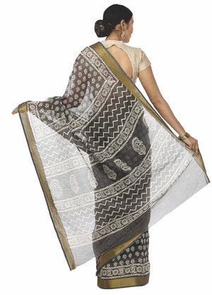 Charcoal Grey Sanganeri Hand Block Print Cotton Kota Doria Supernet Handcrafted Saree-Saree-Kalakari India-RDSNSA0001-Geographical Indication, Hand Blocks, Hand Crafted, Heritage Prints, Kota Doria, Sanganeri, Sarees, Sustainable Fabrics-[Linen,Ethnic,wear,Fashionista,Handloom,Handicraft,Indigo,blockprint,block,print,Cotton,Chanderi,Blue, latest,classy,party,bollywood,trendy,summer,style,traditional,formal,elegant,unique,style,hand,block,print, dabu,booti,gift,present,glamorous,affordable,collec