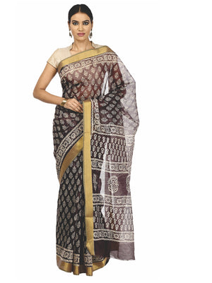 Charcoal Grey Sanganeri Hand Block Print Cotton Kota Doria Supernet Handcrafted Saree-Saree-Kalakari India-RDSNSA0002-Geographical Indication, Hand Blocks, Hand Crafted, Heritage Prints, Kota Doria, Sanganeri, Sarees, Sustainable Fabrics-[Linen,Ethnic,wear,Fashionista,Handloom,Handicraft,Indigo,blockprint,block,print,Cotton,Chanderi,Blue, latest,classy,party,bollywood,trendy,summer,style,traditional,formal,elegant,unique,style,hand,block,print, dabu,booti,gift,present,glamorous,affordable,collec