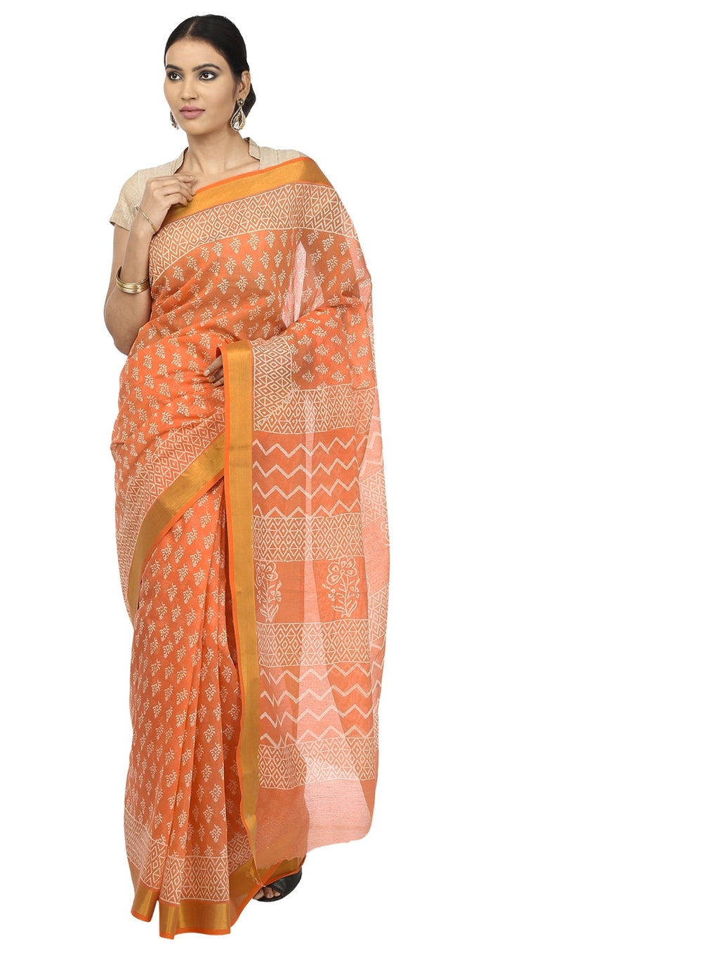 Peach-Coloured Sanganeri Block Print Cotton & Supernet Ttraditional Handcrafted Saree-Saree-Kalakari India-RDSNSA0003-Geographical Indication, Hand Blocks, Hand Crafted, Heritage Prints, Kota Doria, Sanganeri, Sarees, Sustainable Fabrics-[Linen,Ethnic,wear,Fashionista,Handloom,Handicraft,Indigo,blockprint,block,print,Cotton,Chanderi,Blue, latest,classy,party,bollywood,trendy,summer,style,traditional,formal,elegant,unique,style,hand,block,print, dabu,booti,gift,present,glamorous,affordable,collec