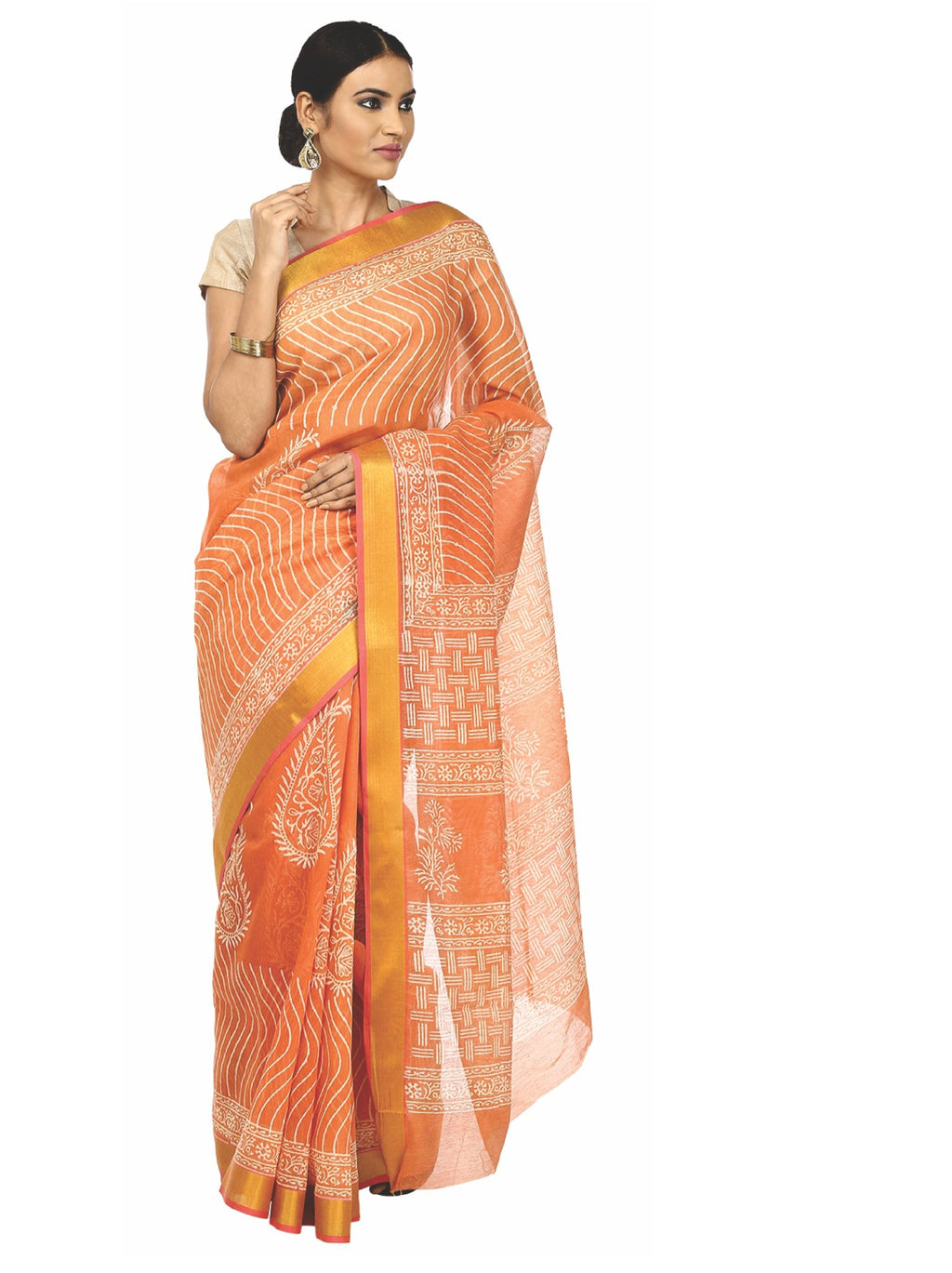 Orange-Coloured Sanganeri Block Print Cotton & Supernet Ttraditional Handcrafted Saree-Saree-Kalakari India-RDSNSA0004-Geographical Indication, Hand Blocks, Hand Crafted, Heritage Prints, Kota Doria, Sanganeri, Sarees, Sustainable Fabrics-[Linen,Ethnic,wear,Fashionista,Handloom,Handicraft,Indigo,blockprint,block,print,Cotton,Chanderi,Blue, latest,classy,party,bollywood,trendy,summer,style,traditional,formal,elegant,unique,style,hand,block,print, dabu,booti,gift,present,glamorous,affordable,colle
