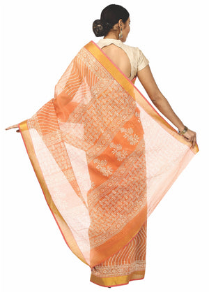 Orange-Coloured Sanganeri Block Print Cotton & Supernet Ttraditional Handcrafted Saree-Saree-Kalakari India-RDSNSA0004-Geographical Indication, Hand Blocks, Hand Crafted, Heritage Prints, Kota Doria, Sanganeri, Sarees, Sustainable Fabrics-[Linen,Ethnic,wear,Fashionista,Handloom,Handicraft,Indigo,blockprint,block,print,Cotton,Chanderi,Blue, latest,classy,party,bollywood,trendy,summer,style,traditional,formal,elegant,unique,style,hand,block,print, dabu,booti,gift,present,glamorous,affordable,colle
