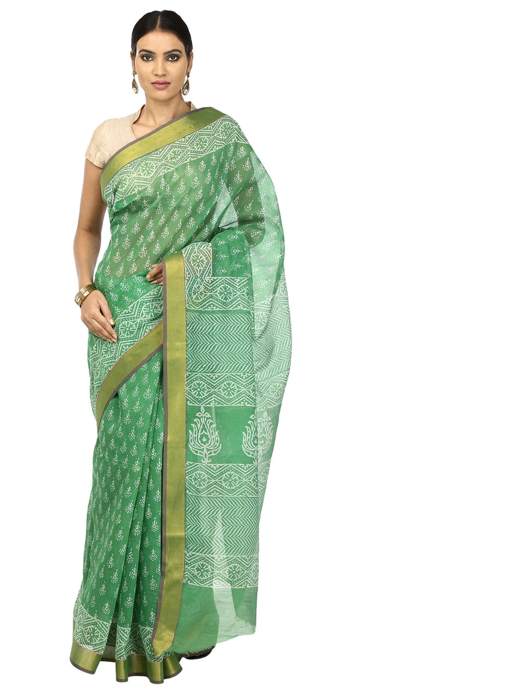 Green Sanganeri Hand Block Print Cotton Kota Doria Supernet Handcrafted Saree-Saree-Kalakari India-RDSNSA0008-Geographical Indication, Hand Blocks, Hand Crafted, Heritage Prints, Kota Doria, Sanganeri, Sarees, Sustainable Fabrics-[Linen,Ethnic,wear,Fashionista,Handloom,Handicraft,Indigo,blockprint,block,print,Cotton,Chanderi,Blue, latest,classy,party,bollywood,trendy,summer,style,traditional,formal,elegant,unique,style,hand,block,print, dabu,booti,gift,present,glamorous,affordable,collectible,Sa