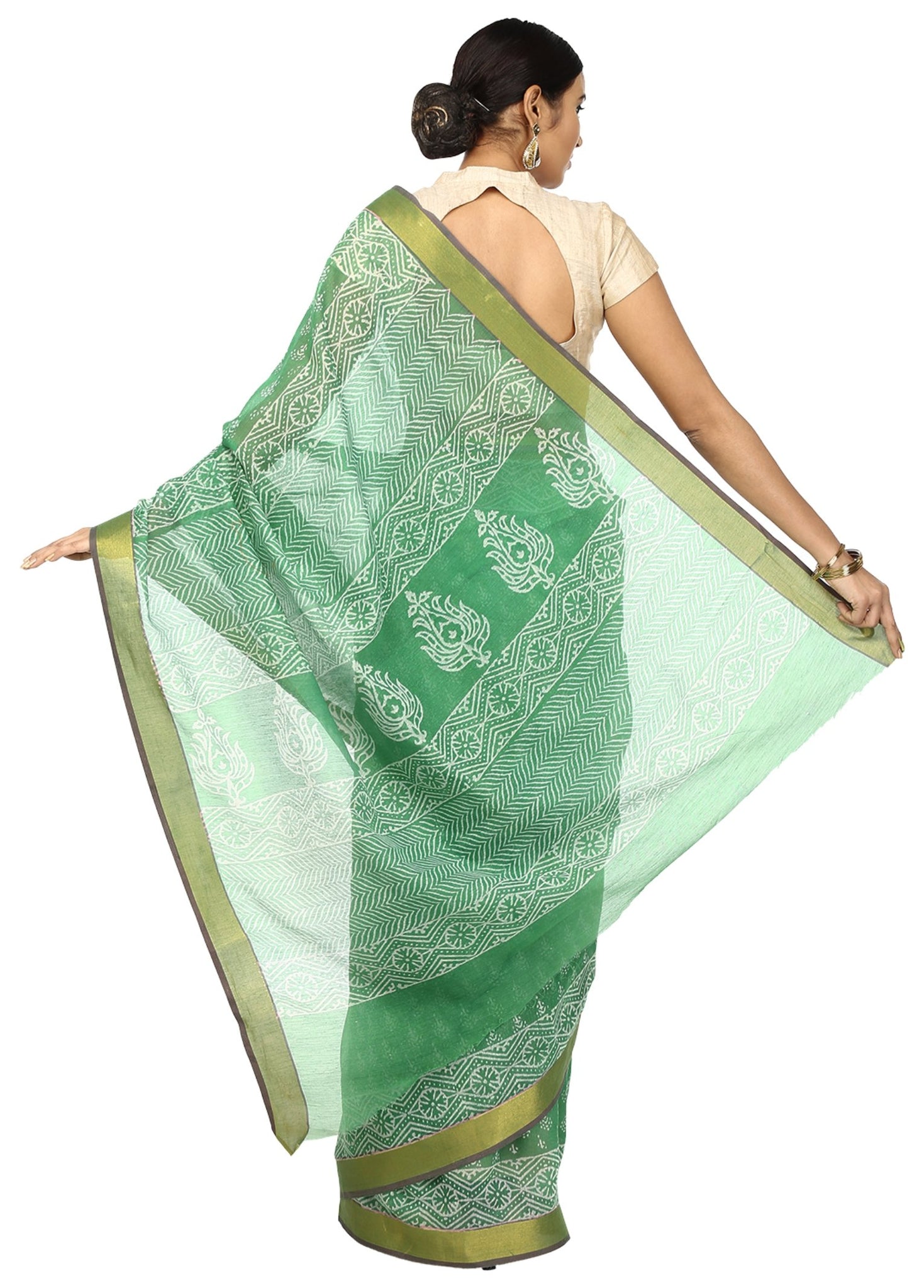 Green Sanganeri Hand Block Print Cotton Kota Doria Supernet Handcrafted Saree-Saree-Kalakari India-RDSNSA0008-Geographical Indication, Hand Blocks, Hand Crafted, Heritage Prints, Kota Doria, Sanganeri, Sarees, Sustainable Fabrics-[Linen,Ethnic,wear,Fashionista,Handloom,Handicraft,Indigo,blockprint,block,print,Cotton,Chanderi,Blue, latest,classy,party,bollywood,trendy,summer,style,traditional,formal,elegant,unique,style,hand,block,print, dabu,booti,gift,present,glamorous,affordable,collectible,Sa