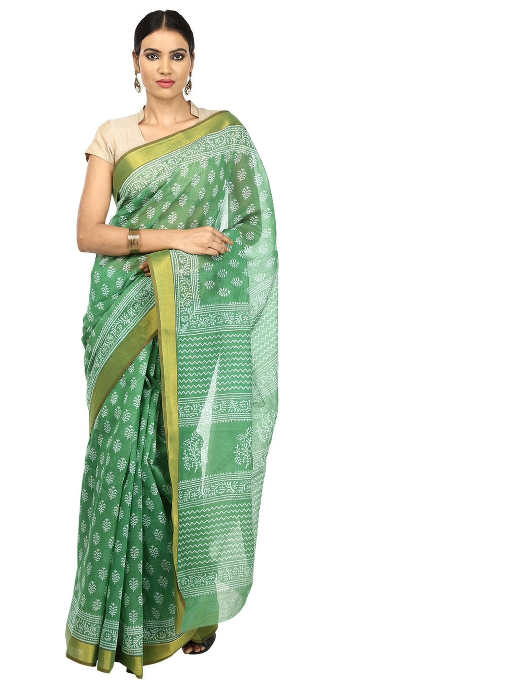Green Sanganeri Hand Block Print Cotton Kota Doria Supernet Handcrafted Saree-Saree-Kalakari India-RDSNSA0011-Geographical Indication, Hand Blocks, Hand Crafted, Heritage Prints, Kota Doria, Sanganeri, Sarees, Sustainable Fabrics-[Linen,Ethnic,wear,Fashionista,Handloom,Handicraft,Indigo,blockprint,block,print,Cotton,Chanderi,Blue, latest,classy,party,bollywood,trendy,summer,style,traditional,formal,elegant,unique,style,hand,block,print, dabu,booti,gift,present,glamorous,affordable,collectible,Sa