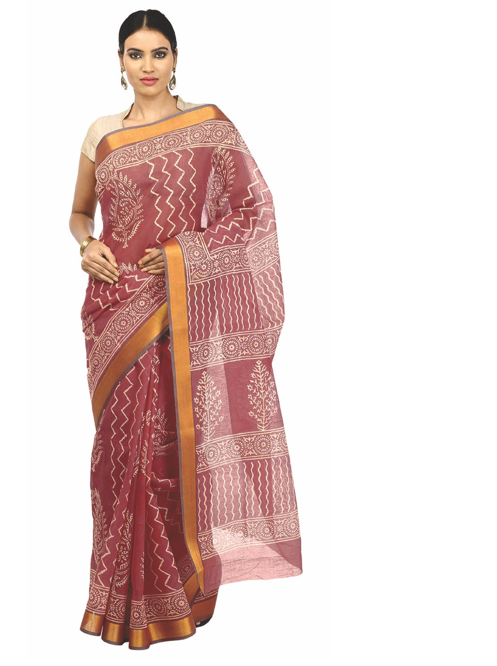 Burgundy Sanganeri Hand Block Print Cotton Kota Doria Supernet Handcrafted Saree-Saree-Kalakari India-RDSNSA0013-Geographical Indication, Hand Blocks, Hand Crafted, Heritage Prints, Kota Doria, Sanganeri, Sarees, Sustainable Fabrics-[Linen,Ethnic,wear,Fashionista,Handloom,Handicraft,Indigo,blockprint,block,print,Cotton,Chanderi,Blue, latest,classy,party,bollywood,trendy,summer,style,traditional,formal,elegant,unique,style,hand,block,print, dabu,booti,gift,present,glamorous,affordable,collectible