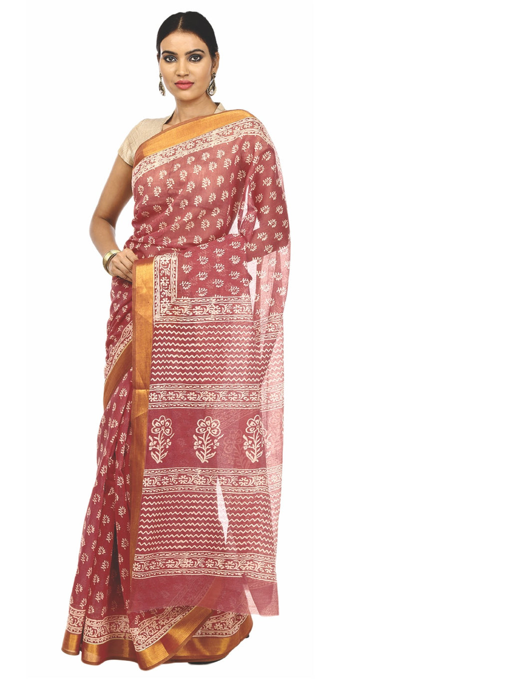 Rust Red Sanganeri Block Print Cotton & Supernet Ttraditional Handcrafted Saree-Saree-Kalakari India-RDSNSA0020-Geographical Indication, Hand Blocks, Hand Crafted, Heritage Prints, Kota Doria, Sanganeri, Sarees, Sustainable Fabrics-[Linen,Ethnic,wear,Fashionista,Handloom,Handicraft,Indigo,blockprint,block,print,Cotton,Chanderi,Blue, latest,classy,party,bollywood,trendy,summer,style,traditional,formal,elegant,unique,style,hand,block,print, dabu,booti,gift,present,glamorous,affordable,collectible,