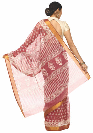 Rust Red Sanganeri Block Print Cotton & Supernet Ttraditional Handcrafted Saree-Saree-Kalakari India-RDSNSA0020-Geographical Indication, Hand Blocks, Hand Crafted, Heritage Prints, Kota Doria, Sanganeri, Sarees, Sustainable Fabrics-[Linen,Ethnic,wear,Fashionista,Handloom,Handicraft,Indigo,blockprint,block,print,Cotton,Chanderi,Blue, latest,classy,party,bollywood,trendy,summer,style,traditional,formal,elegant,unique,style,hand,block,print, dabu,booti,gift,present,glamorous,affordable,collectible,