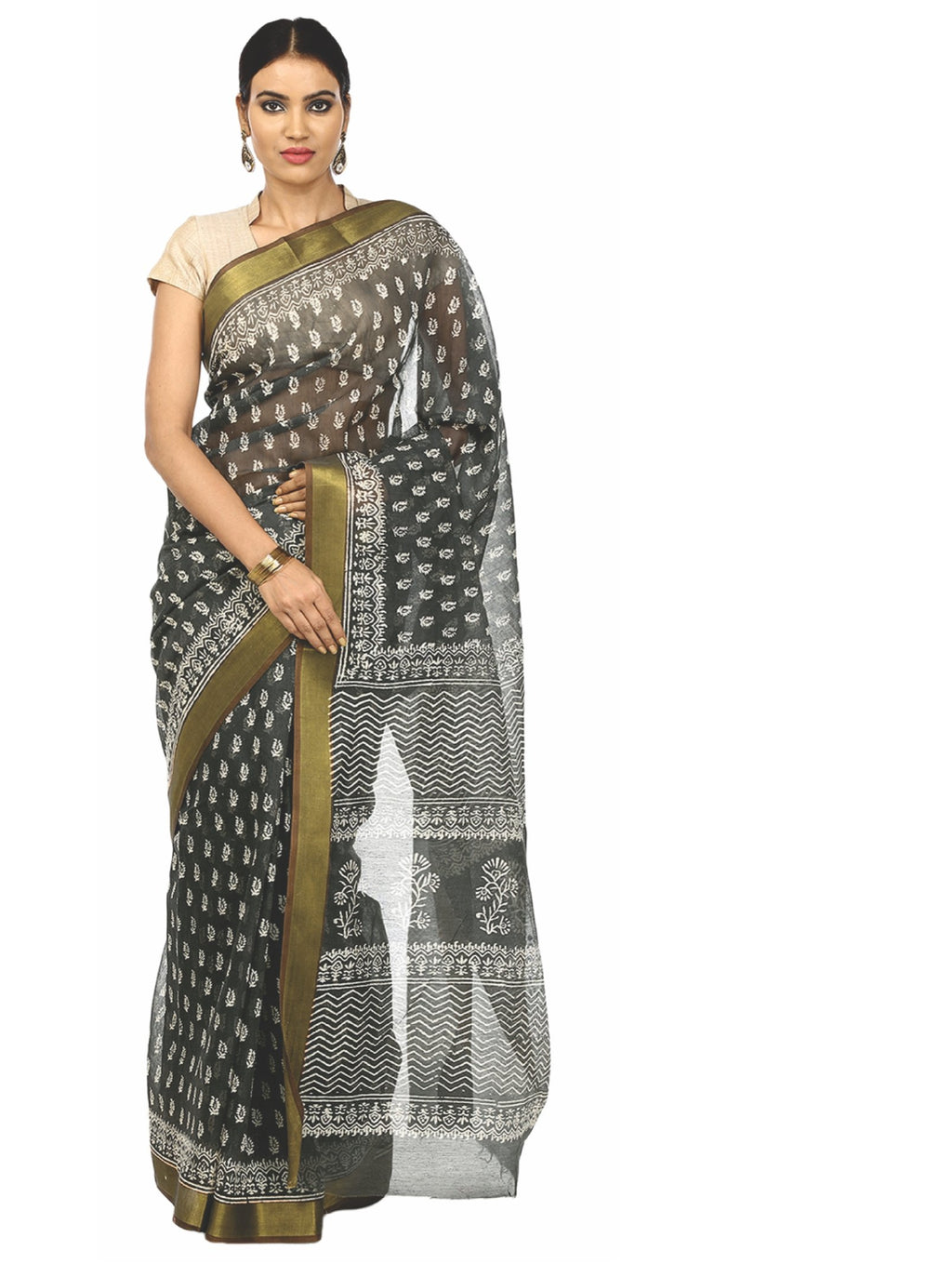 Charcoal Grey Sanganeri Block Print Cotton & Supernet Ttraditional Handcrafted Saree-Saree-Kalakari India-RDSNSA0023-Geographical Indication, Hand Blocks, Hand Crafted, Heritage Prints, Kota Doria, Sanganeri, Sarees, Sustainable Fabrics-[Linen,Ethnic,wear,Fashionista,Handloom,Handicraft,Indigo,blockprint,block,print,Cotton,Chanderi,Blue, latest,classy,party,bollywood,trendy,summer,style,traditional,formal,elegant,unique,style,hand,block,print, dabu,booti,gift,present,glamorous,affordable,collect